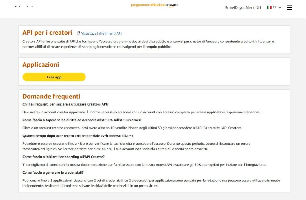 Configurazione Amazon Creators API e Partner Tag